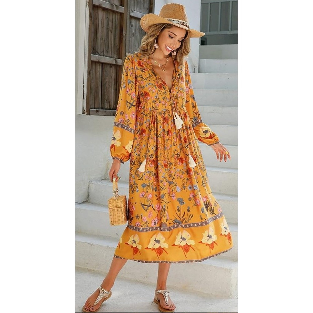 R. Vivimos Rayon Orange Pink Grey Floral Long Sleeve Peasant Boho Maxi Dress 2XL